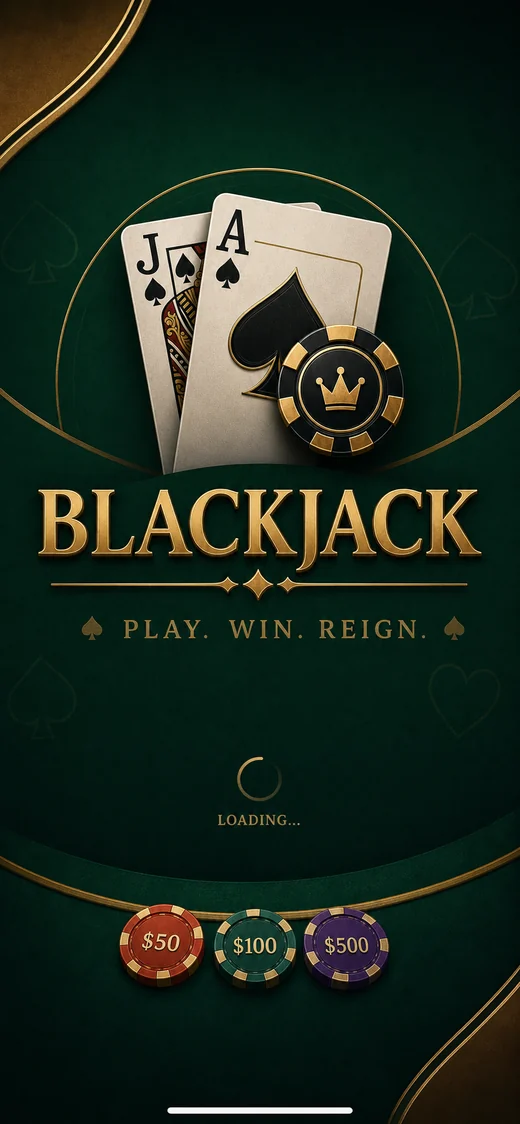 Premium Blackjack loading screen with ace, jack, gold chip, and green casino table art
