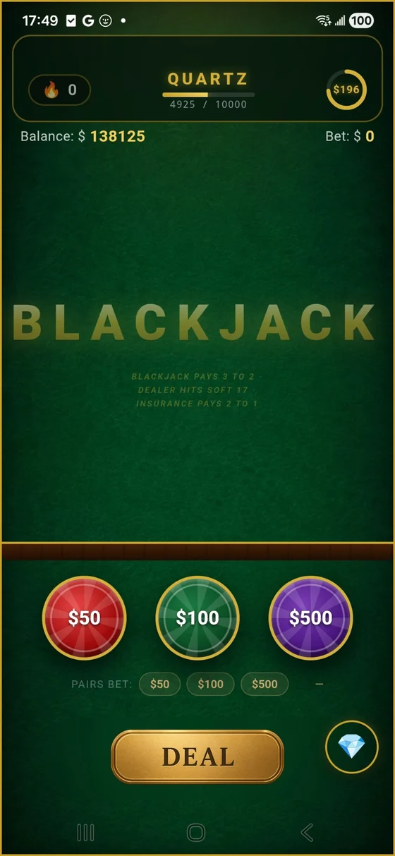 Premium Blackjack betting table with chip values and deal button