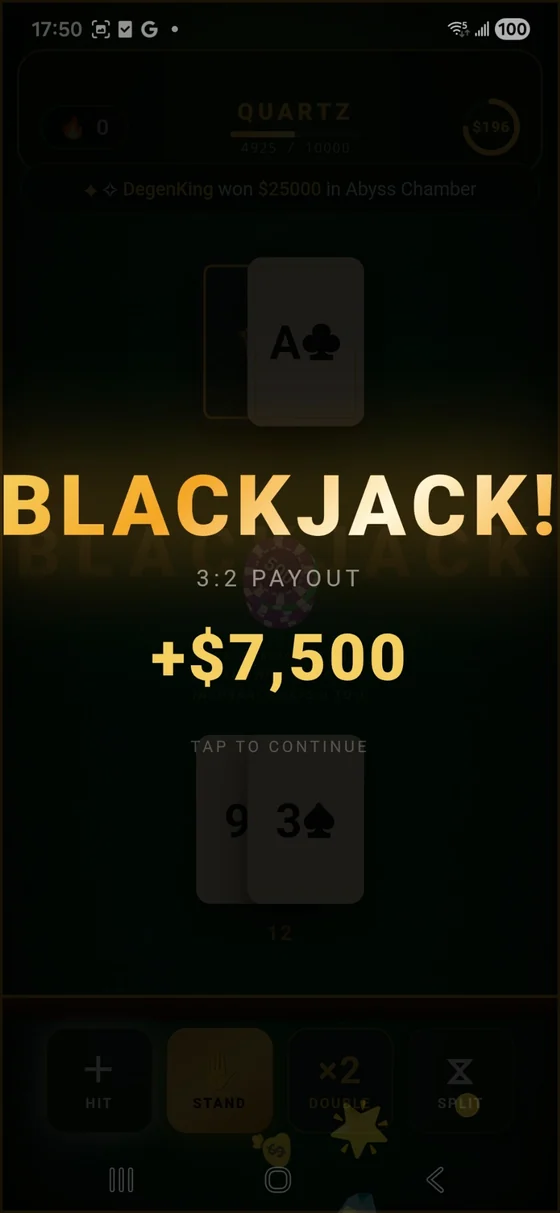 Premium Blackjack win overlay showing Blackjack payout and reward